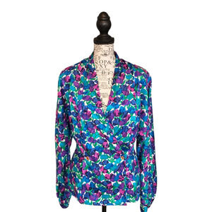 Vintage Argenti Silky Wrap V-Neck Blouse Size 8 Floral Tulips Beautiful Date GNO